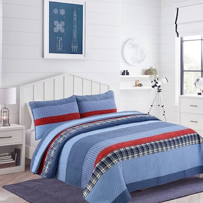 Cozy Line Varsity Navy Red Stripe Denim Cotton Quilt Bedding Set