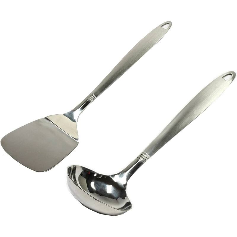 Chef Craft Stainless Steel Solid Spatula Turner & Ladle Set with Attractive Brushed Finish Handle - Silver