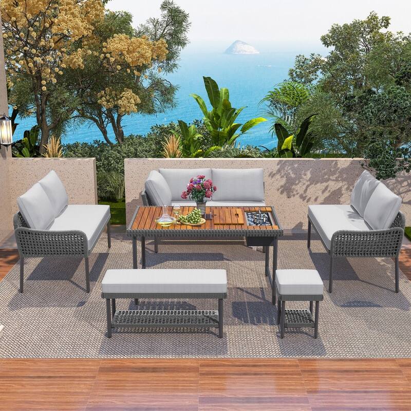 6 Piece Outdoor Sectional Sofa Set with Acacia Wood Table with Ice Box