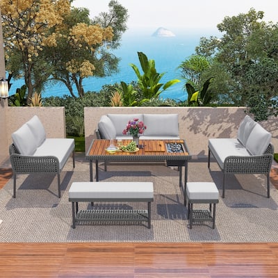 6 Piece Outdoor Sectional Sofa Set with Acacia Wood Table with Ice Box