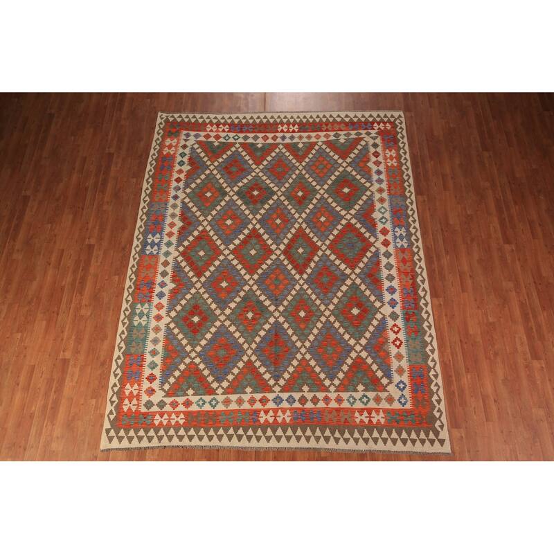 Reversible Geometric Kilim Area Rug Hand-Woven Wool Carpet - 8'2" x 10'5"