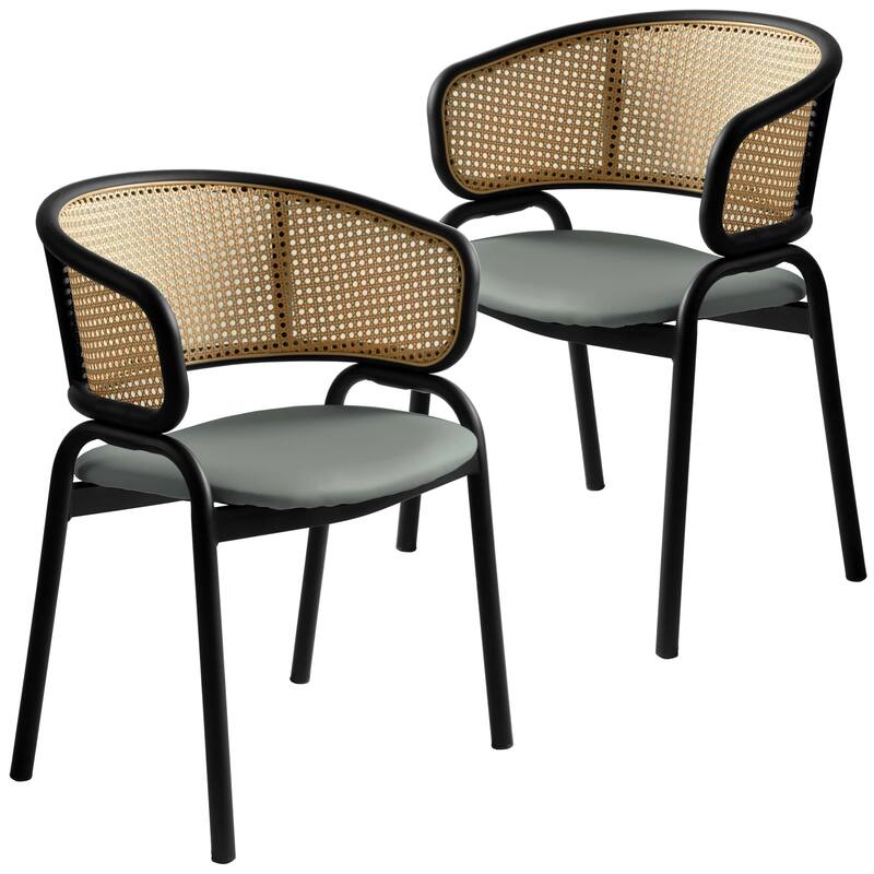 LeisureMod Set of 2 Modern Leather Dining Chair with Wicker Back & Black Steel Frame - Accent Side Armchair for Home Furniture - Grey