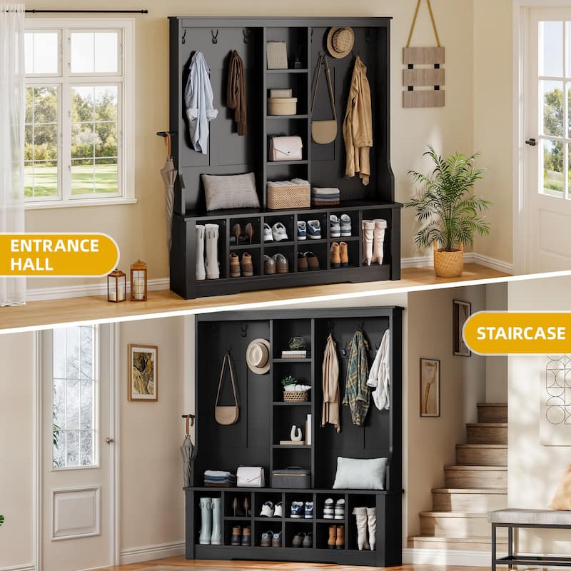 Moasis Farmhouse Hall Tree with Bench and Shoe Storage with 10 Hooks for Entryway