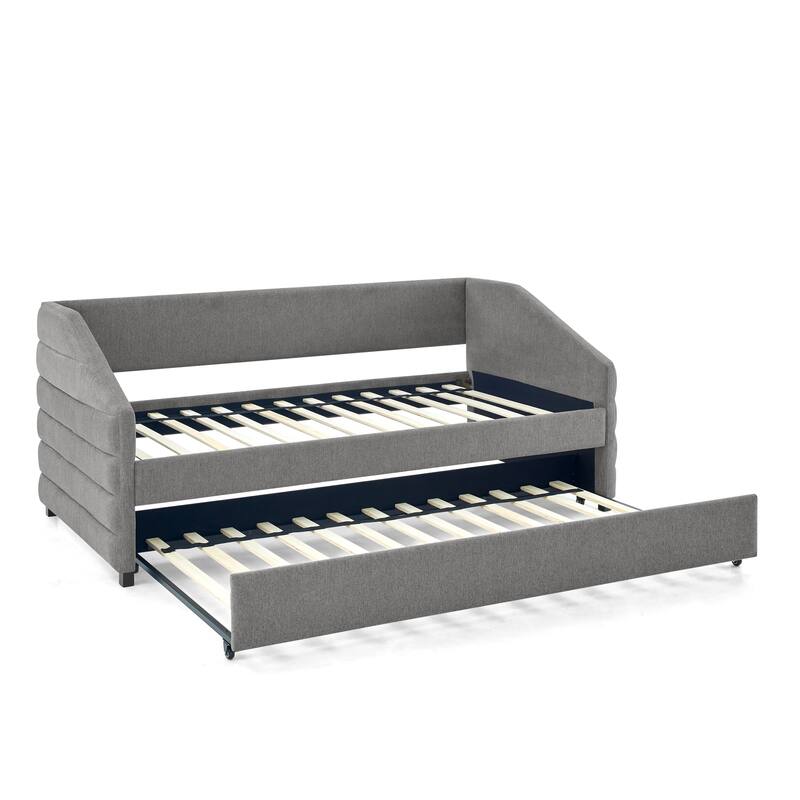 Twin/Full Size Upholstered Daybed with Twin Size Trundle, Linen Fabric Tufted Sofa Bed Daybed Frame with Wood Slats Support