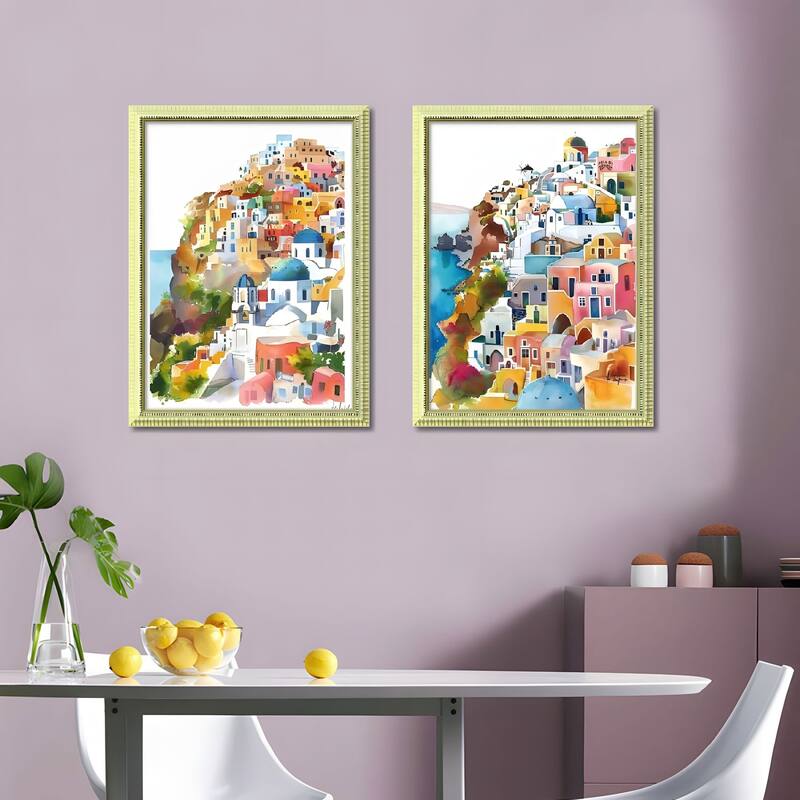 Set of 3 Colorful Cityscape Framed Wall Art - Replaceable Canvas Prints with Wood Picture Frames - Green,Pink