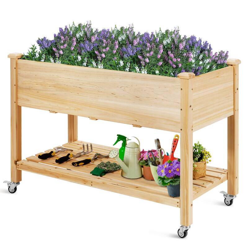 Costway Raised Garden Bed Wood Elevated Planter Bed w/Lockable Wheels - See Details - Brown