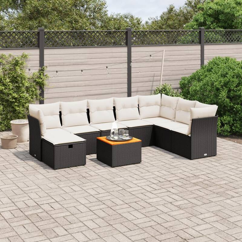 vidaXL Patio Sofa Set with Cushions Outdoor Furniture 9 Piece Poly Rattan - Black and cream Large without storage
