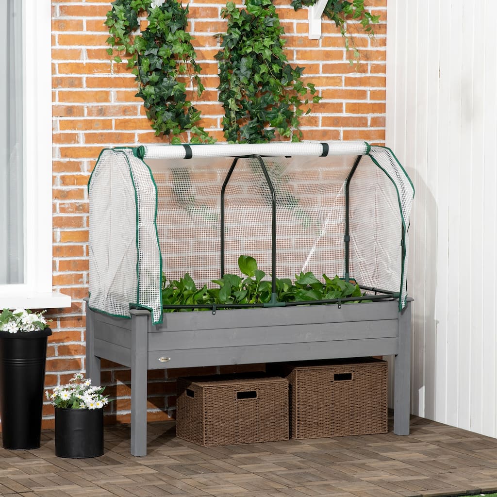 Outsunny Raised Garden Bed with PE Greenhouse Cover Outdoor Elevated Wood Planter Box for Herbs and Vegetables