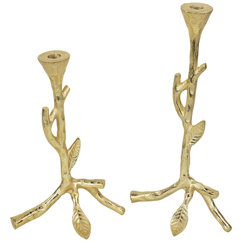 Leafy Branch Metal Taper Candle Holders - 15" - Gold - Set of 2