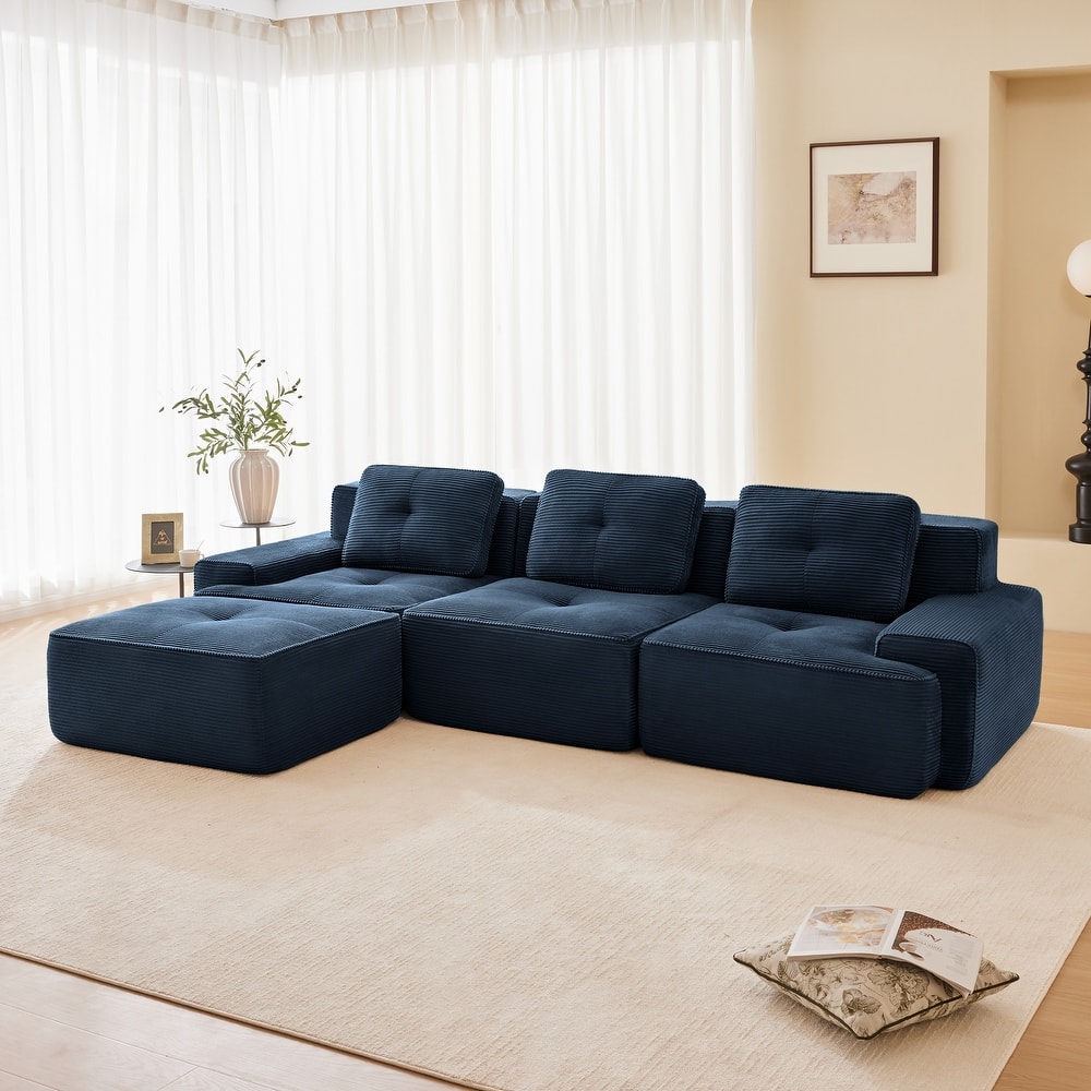 L-Shaped Modular Sectional Sofa with Movable Ottoman, Corduroy Boneless Cloud Couch, Tufted Deep Seat Sofa with 3 Pillow