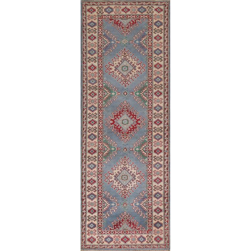 Hand Knotted Oriental 100% Wool Carpet Traditional Geometric Navy Blue & Blues Kazak Runner Rug - 8' 11'' X 2' 9''
