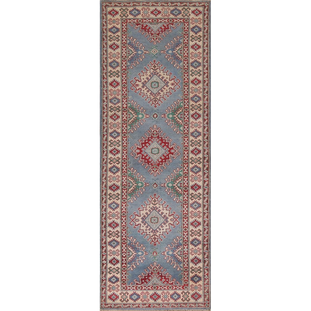 Hand Knotted Oriental 100% Wool Carpet Traditional Geometric Navy Blue & Blues Kazak Runner Rug - 8' 11'' X 2' 9''