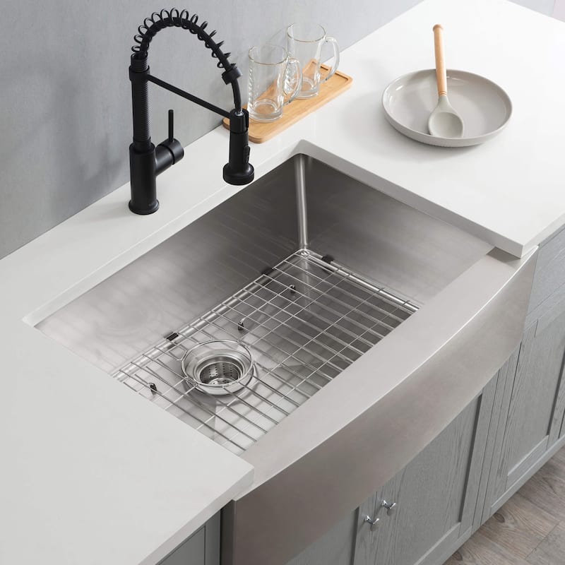 Handcrafted Farmhouse Apron Single Bowl Real 16 gauge Stainless Steel Kitchen Sink with Strainer and Grid
