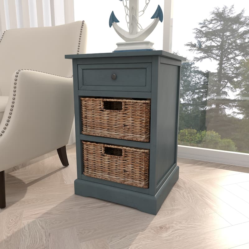 Cream, Teal, White or Brown Wood 2 Baskets and 1 Drawer Storage Unit - 16 x 13 x 28