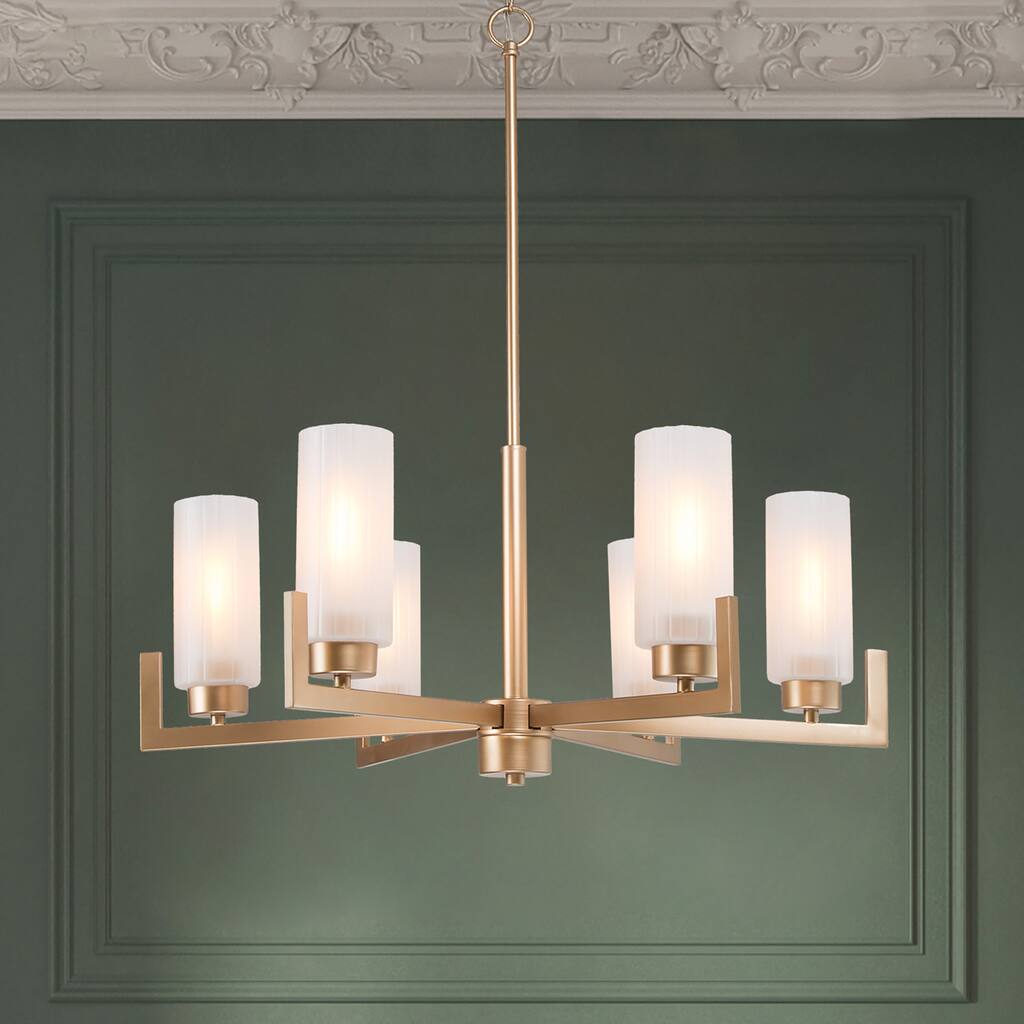 Modern Gold 6-Light Frosted Glass Wagon Wheel Chandelier for Dining Living Room - 27.5"Dx30.5"H