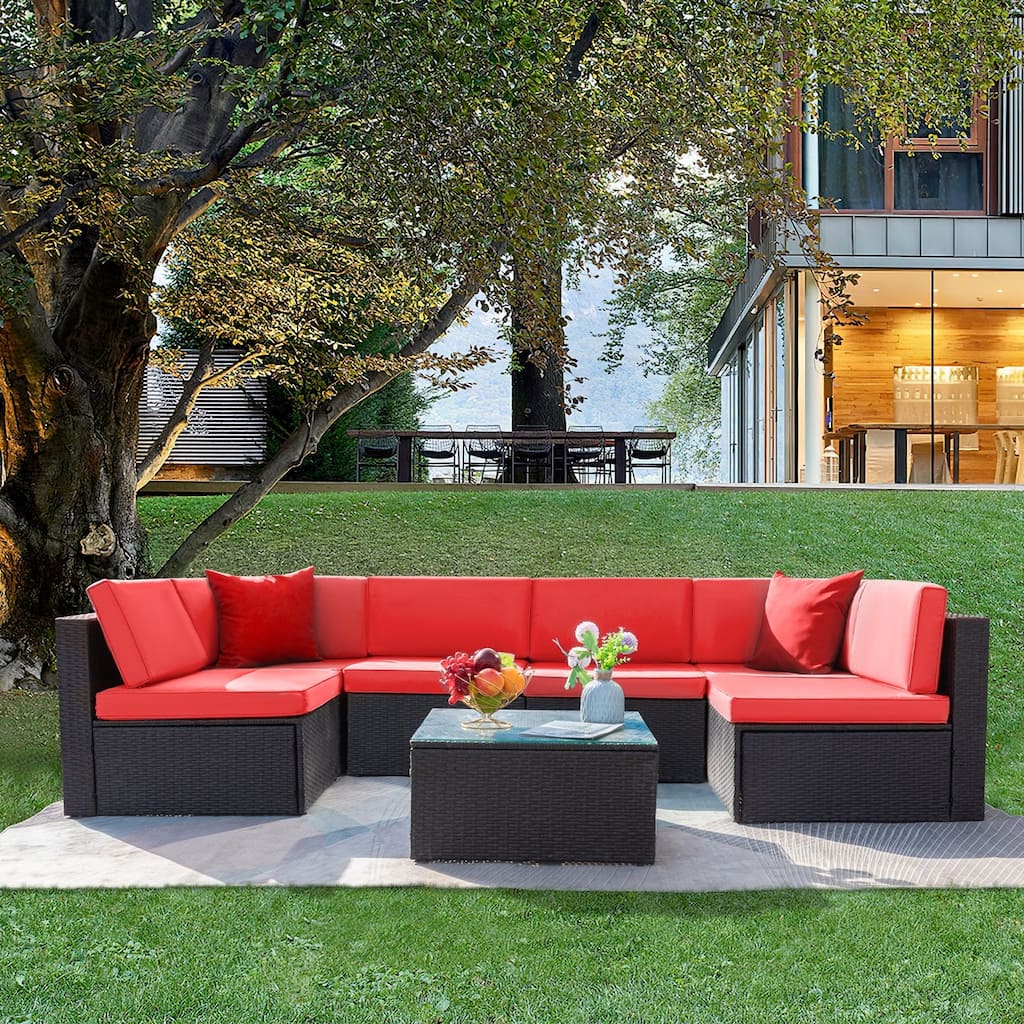 Lacoo 7 Pieces Outdoor Sectional Sofa Wicker Rattan Conversation Sets