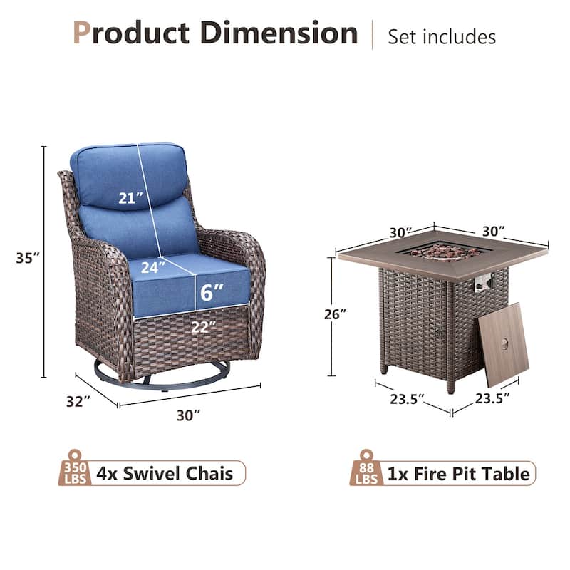 Pocassy 5 Pieces Outdoor 6" Swivel Chairs with Fire Pit Table