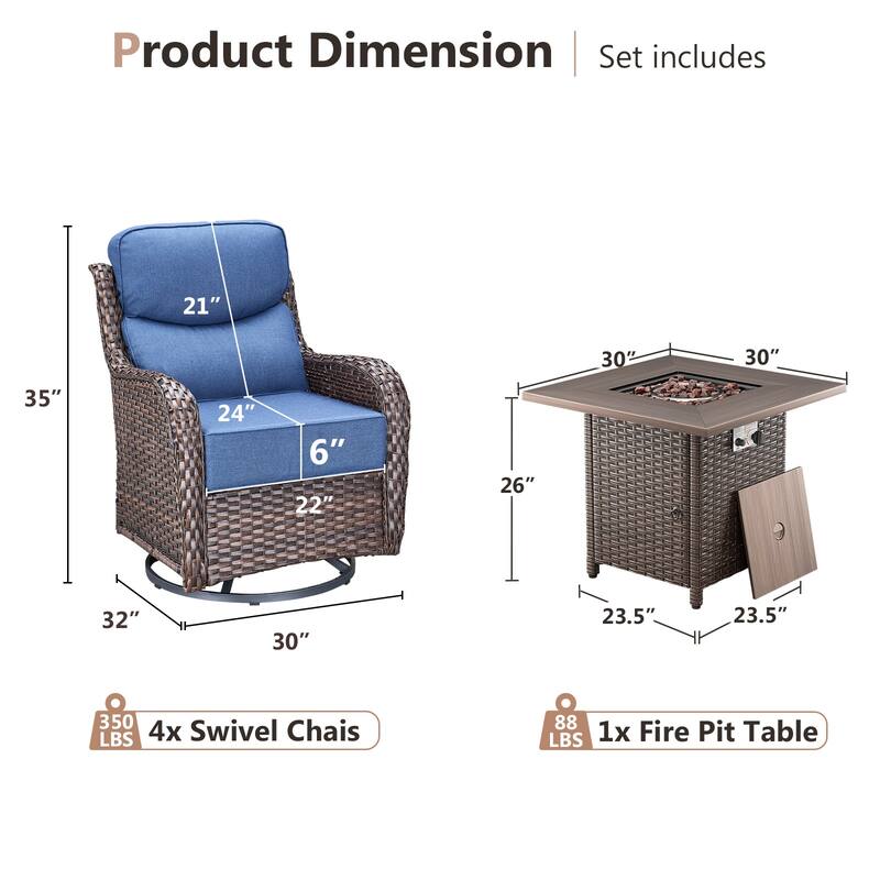 Pocassy Outdoor 6" Swivel Chairs with Fire Pit Table