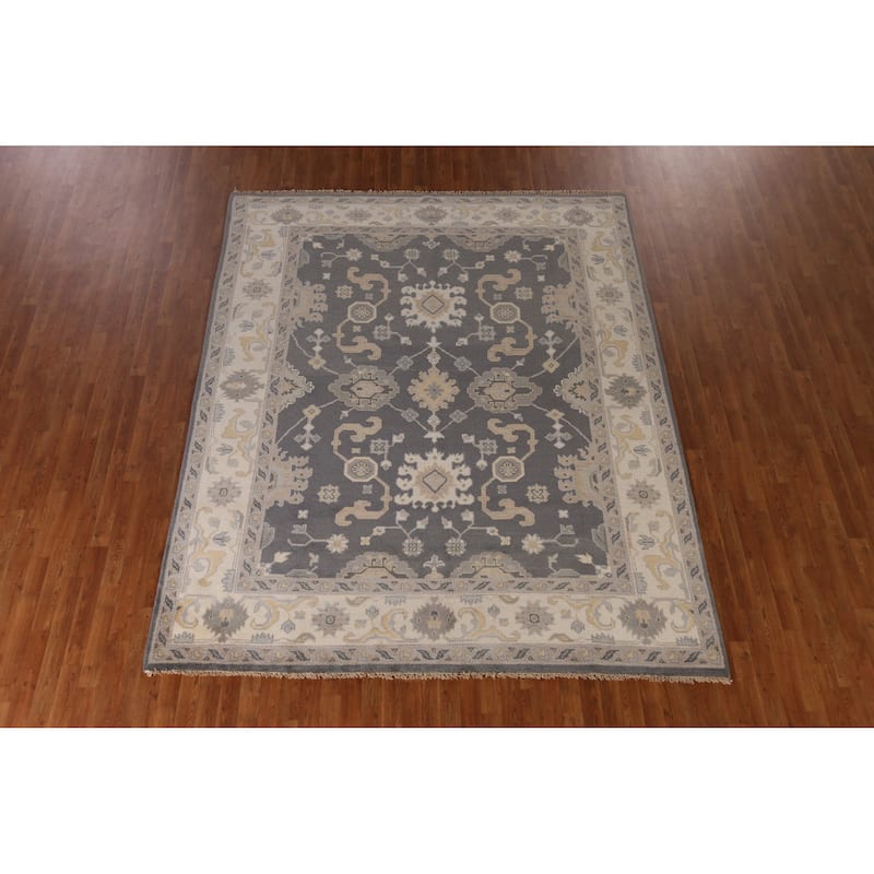 Gray Geometric Oushak Indian Area Rug Handmade Wool Carpet - 8'1" x 9'11"