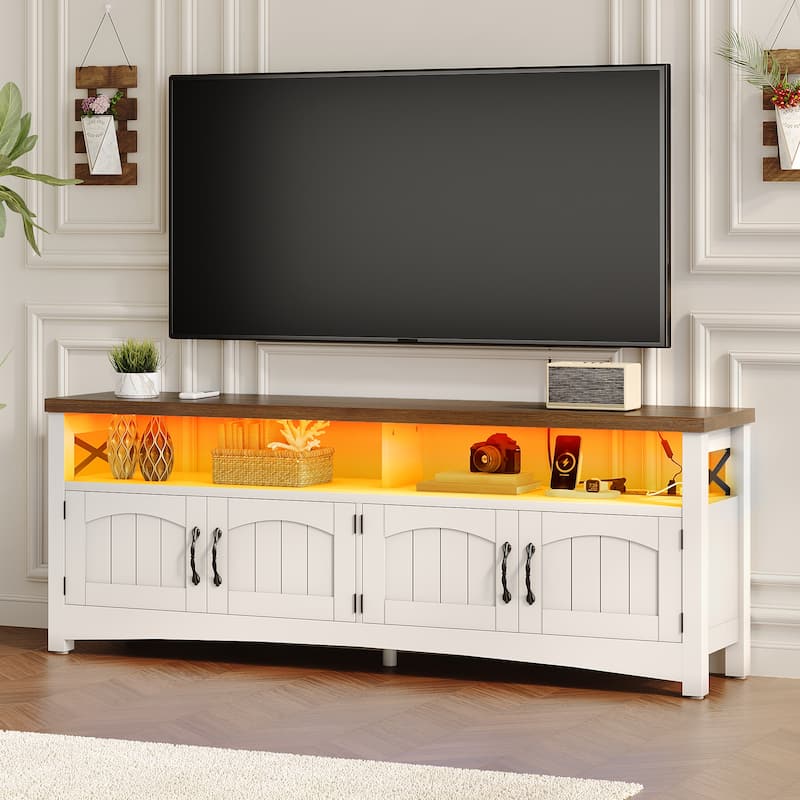 Moasis Farmhouse Rectangular LED Light TV Stand with 4 Doors for TV's up to 60"/65" - Walnut Top/White - 59 inches in width