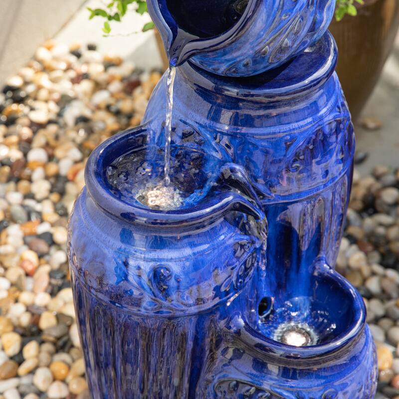 Glitzhome 27"H/35"H 4-Tier Embossed Pattern LED Ceramic Pots Fountain