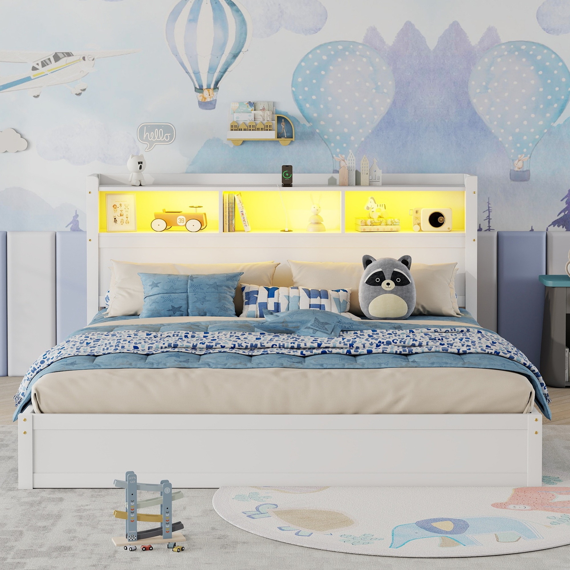 King Size Platform Bed Frame Storage Bed with Storage Cabinet & Light