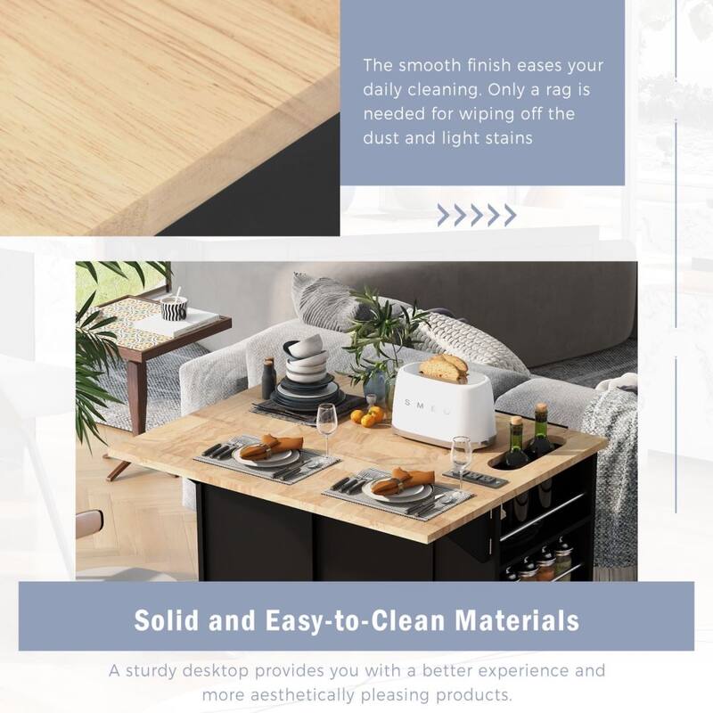 Kitchen Island with Power Outlet Kitchen Storage Island with Drop Leaf and Rubber Wood Open Storage and Wine Rack 5 Wheels