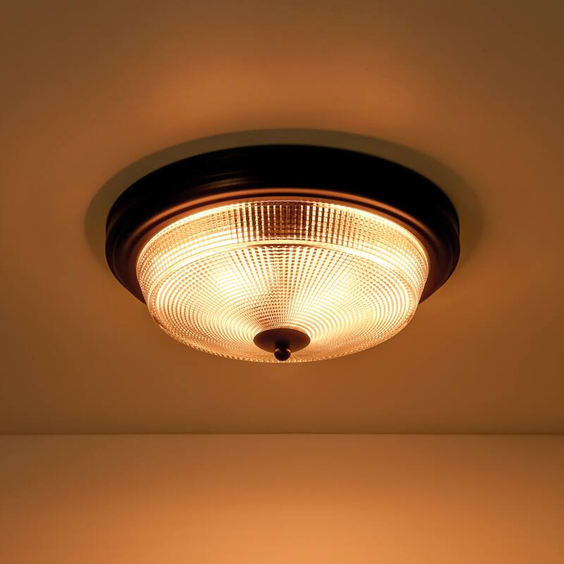 2-Light Modern Vintage Black Cone Textured Prismatic Glass Flush Mount Light - 14.5 in. W x 6.6 in. H
