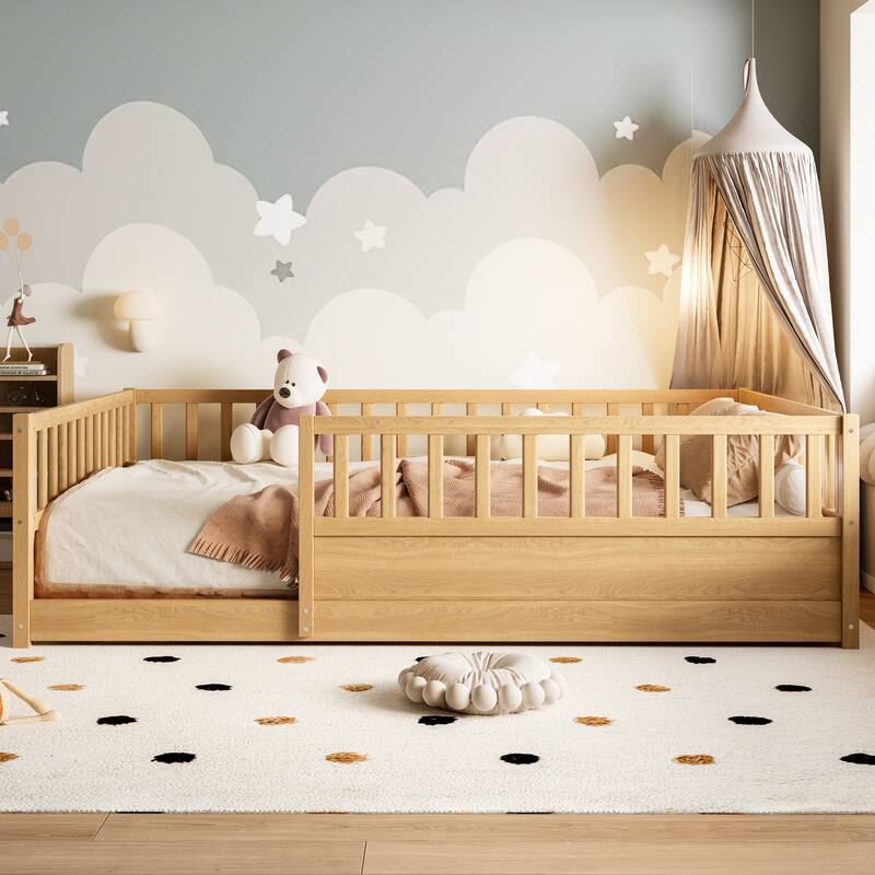 Full Size Floor bed, integral construction with super high security barrier, door, children's floor bed frame - Natural