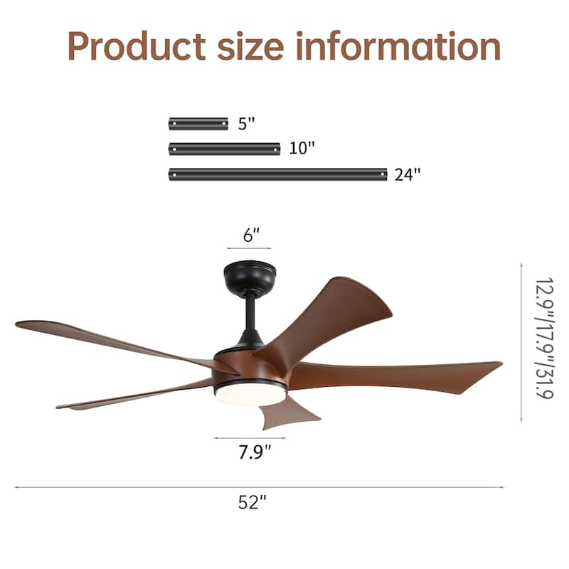 52 Inch Ceiling Fan with 22W LED Light and Remote Control 5 ABS Blades for Bedroom