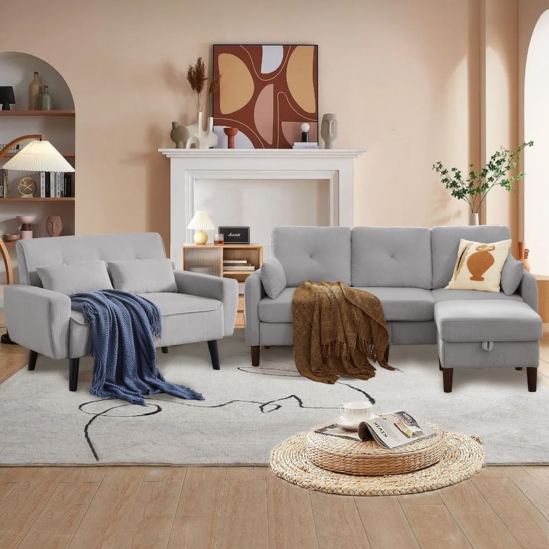 77.17" Corduroy 3 Pieces Living Room Sets with Sofa, Ottoman and Loveseat - Light Grey