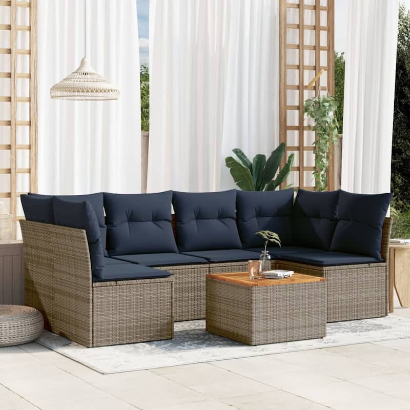 vidaXL Patio Sofa Set with Cushions Outdoor Furniture 7 Piece Poly Rattan - 24.4" x 24.4" x 27.2" - Gray - form1