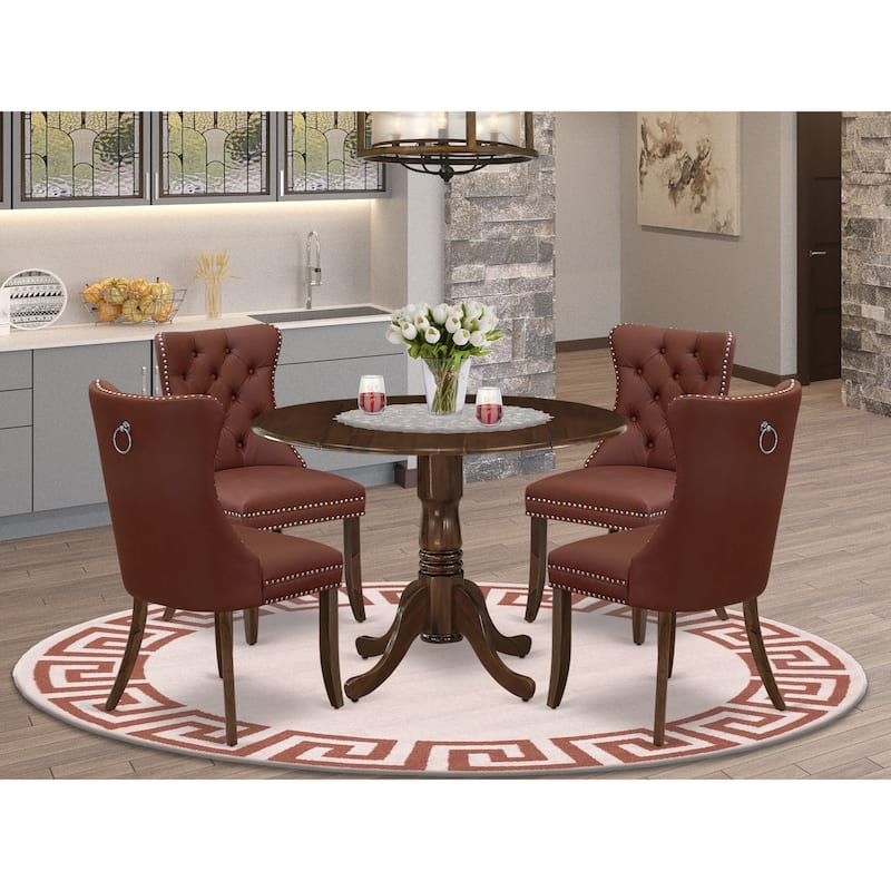 East West Furniture Dining Table Set Contains a Round Kitchen Table and Upholstered Chairs, Antique Walnut (Pieces Options) - DLDA5-AWA-26