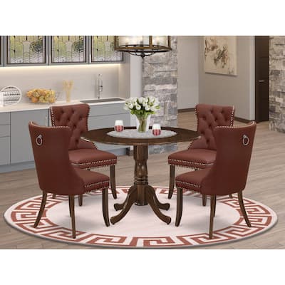 East West Furniture Dining Table Set Contains a Round Kitchen Table and Upholstered Chairs, Antique Walnut (Pieces Options)