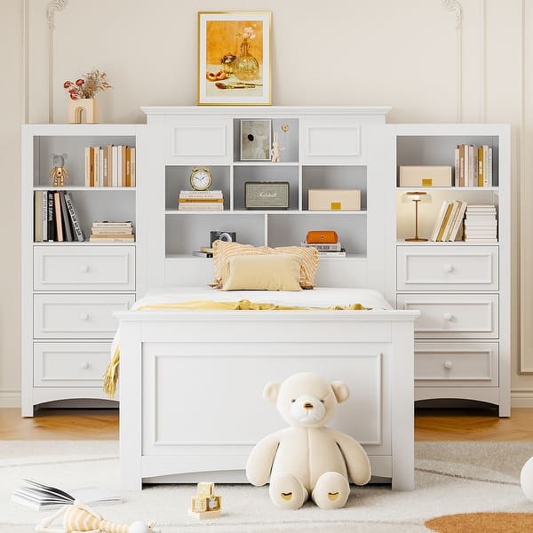 slide 2 of 14, Twin Wood Platform Bed with Storage Cabinet and Drawers, White White