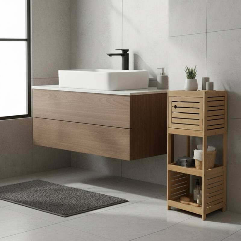 Compact Bathroom Storage Cabinet with Open Shelves and Vented Door, Natural - Trinidad Collection - 24.8"L x 9"W x 70.5"H