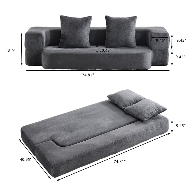 Transformable Sectional Sofa with 3 Ottoman Stools - Supportive Foam Fold-Out Bed, Compact Chenille Lounger