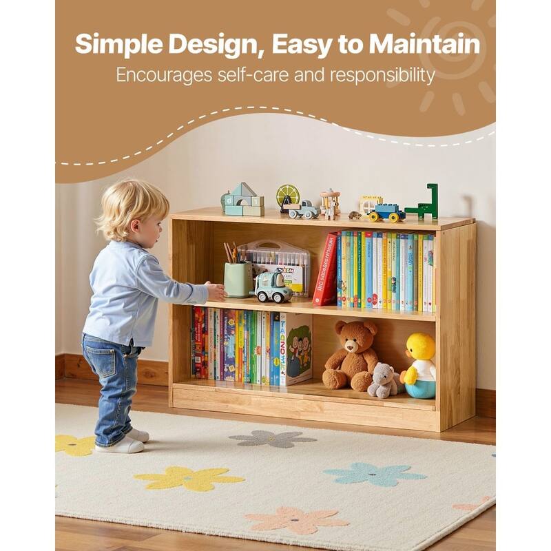 Brown Wooden Montessori Bookshelf with 2 Compartments and Top Storage - 35.43 x 11.81 x 23.62 in