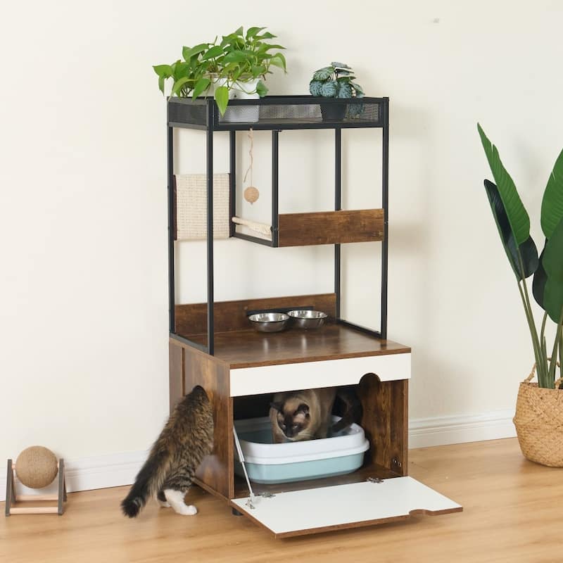 Hidden Cat Litter Box Enclosures with Cat Tree Tower - 23.62"L * 18.90"W * 48.03"H