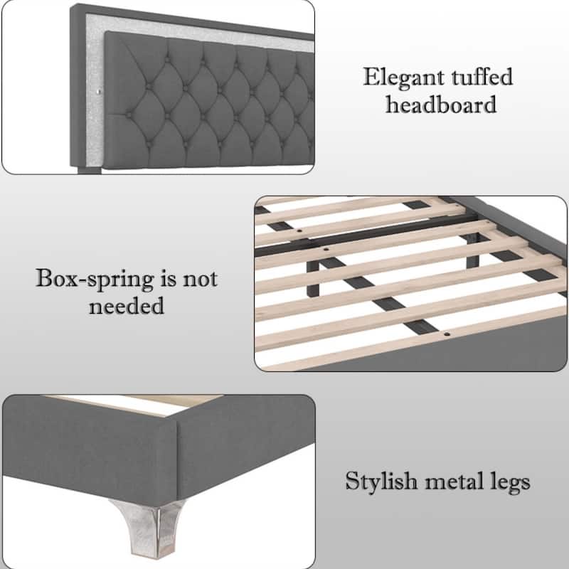 Full Size Modern Upholstered Velvet Platform Bed Frame with Tufted Headboard and LED Lights