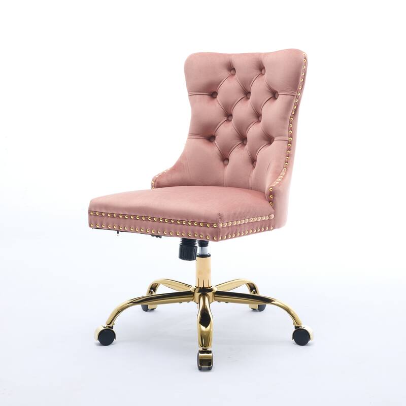 GDF Studio - Velvet Tufted Upholstered Home Office Chair with Golden Metal Base with Swivel Adjustment and Elegant Button Back