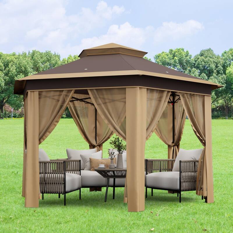 Pop Up Gazebo, Hexagonal Canopy Shelter with 6 Zippered Mesh Netting, Event Tent with Strong Steel Frame