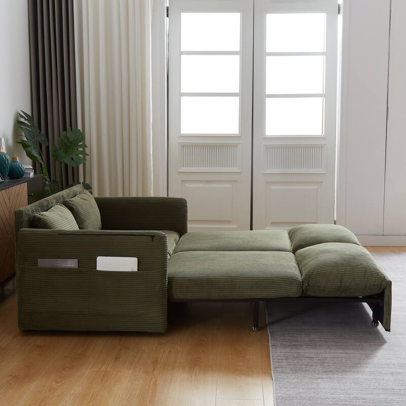 65" Corduroy 2-Seater Sleeper Sofa, 3-in-1 with Storage and Side Pocket