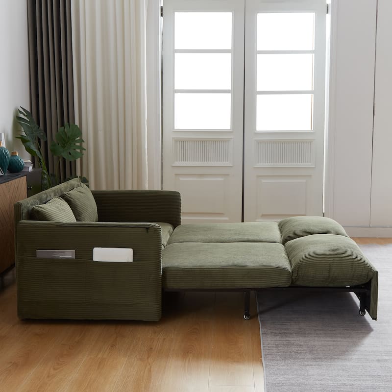 Corduroy Convertible Sleeper Sofa Bed, 3-in-1 Adjustable Sleeper Sofa Couch, Lounge Loveseat Sofa with 2 Pillows & Side Pockets