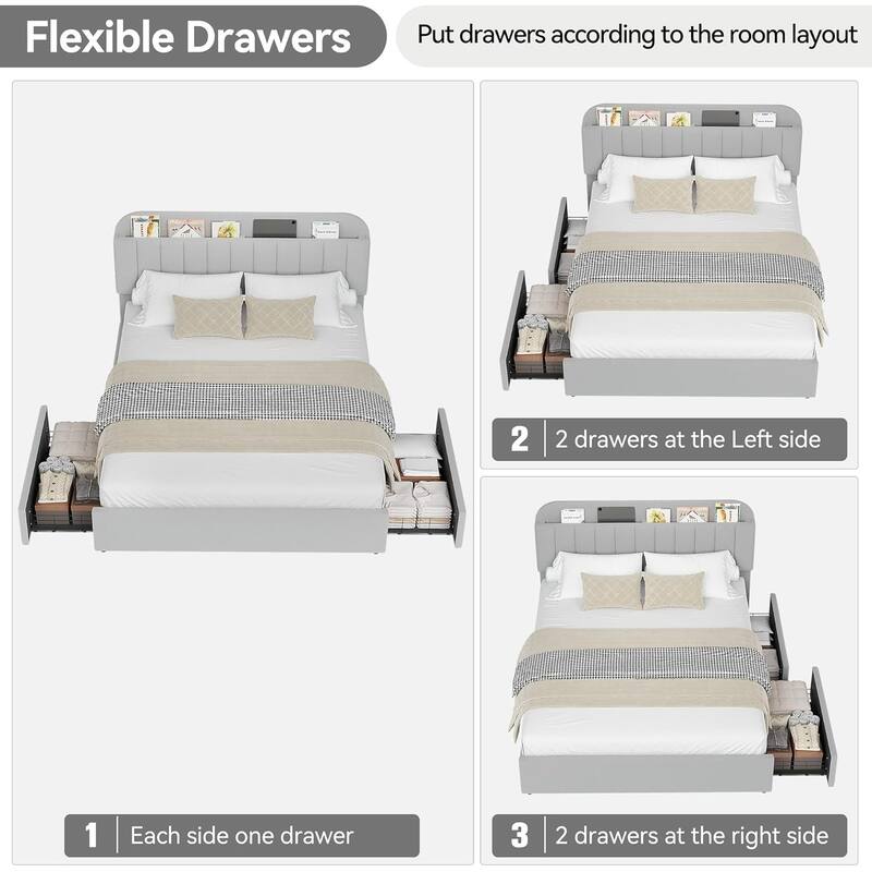 Bed Frame with 2 Drawers, Boucle Upholstered