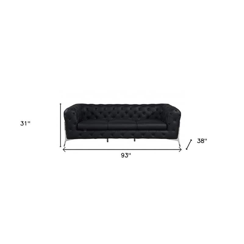 HomeRoots 93" Black Italian Leather Sofa With Silver Legs - 31" H x 93" W x 38" D