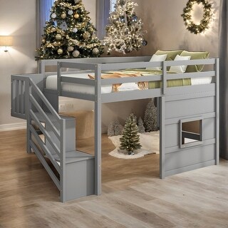 Elegant & Playful Design Twin Size Loft Bed with Storage Staircase and Window, Sturdy Construction & Safety Guaranteed, Grey