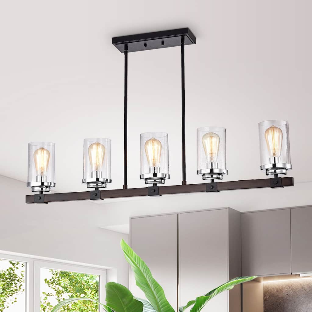 Chrome and Imitation Wood Grain Forged Black 5-light Chandelier