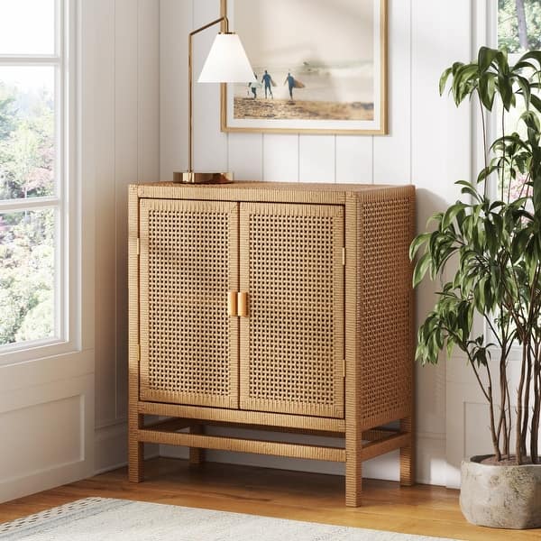 Tanner Wood and Rattan Storage Cabinet, Boho Sideboard with Solid Wood Frame and Adjustable Shelf - Bed Bath & Beyond