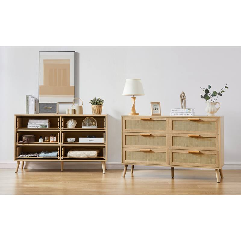 6 Drawer Double Dresser, Floor Standing Wooden Storage Cabinet, Storage Wardrobe Dresser with Gold Handles & Solid Wood Legs